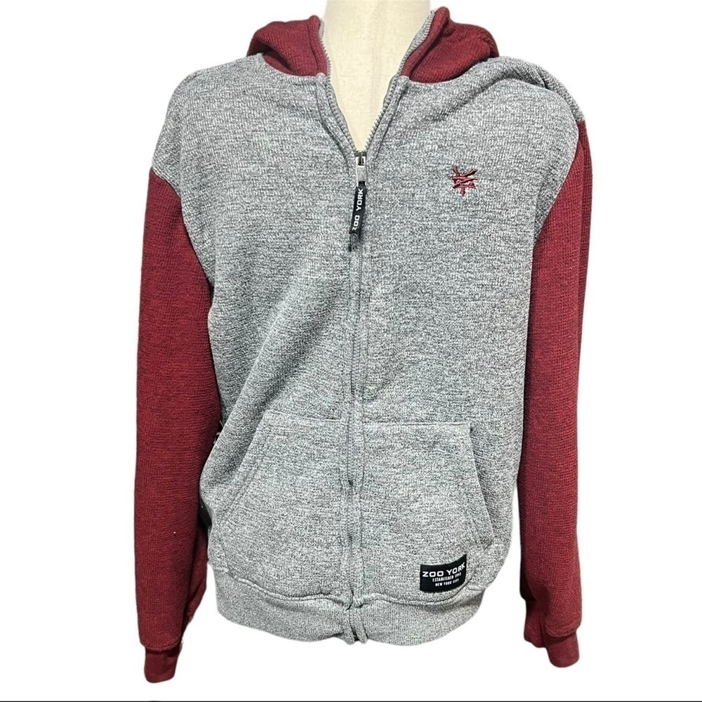 Zoo York Raglan Sleeve Thermal Sherpa Lined Zip Up Hoodie Medium Y2K Red Gray